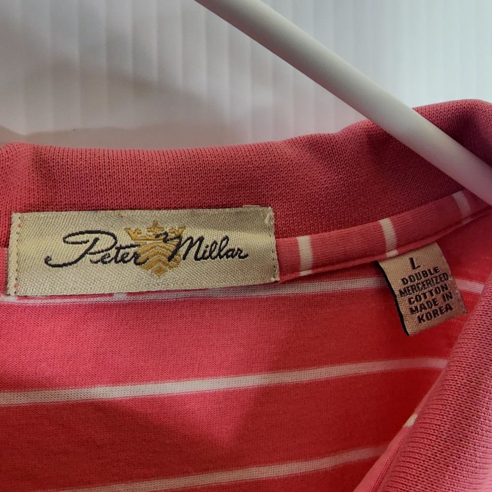 Peter Millar Double Mercerized Cotton Men's Sz L Pink White Striped Polo Shirt. - Picture 2 of 4